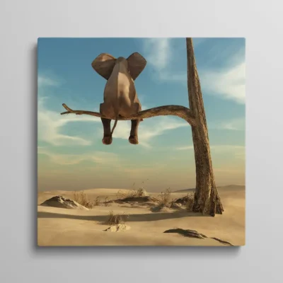 tableau elephant sur une branche Tableau éléphant sur une branche assis contemplant le désert, art surréaliste poétique