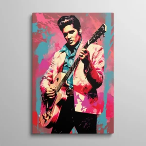 Tableau Elvis Presley pop art à la guitare aux couleurs rose et bleu, style rock'n'roll vintage