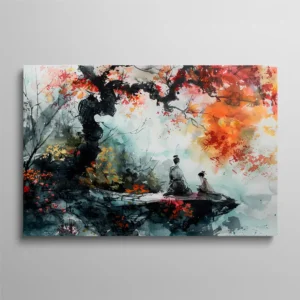 Tableau encre de Chine et aquarelle paysage japonais avec érable rouge et personnages méditant, art zen