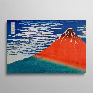 Tableau estampe japonaise Mont Fuji rouge style Hokusai sur ciel bleu avec nuages, art traditionnel ukiyo-e