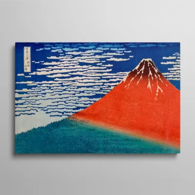 tableau estampe japonaise Tableau estampe japonaise Mont Fuji rouge style Hokusai sur ciel bleu avec nuages, art traditionnel ukiyo-e