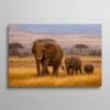Tableau famille éléphant mère et éléphanteaux marchant dans la savane africaine dorée, peinture animalière