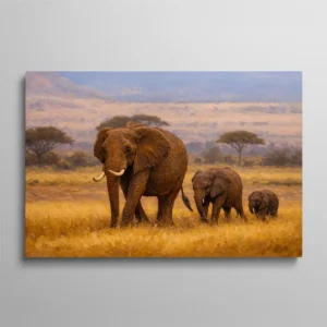 Tableau famille éléphant mère et éléphanteaux marchant dans la savane africaine dorée, peinture animalière