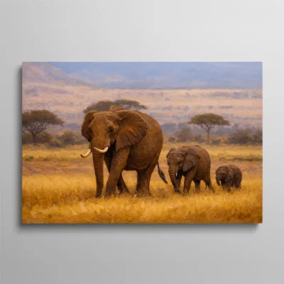 tableau famille elephant Tableau famille éléphant mère et éléphanteaux marchant dans la savane africaine dorée, peinture animalière