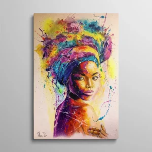 Tableau femme africaine multicolore portrait avec turban aux couleurs vives et éclaboussures, art ethnique moderne