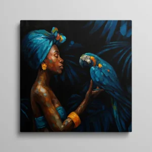 Tableau femme et perroquet ara bleu portrait africain sur fond sombre, peinture ethnique tropicale