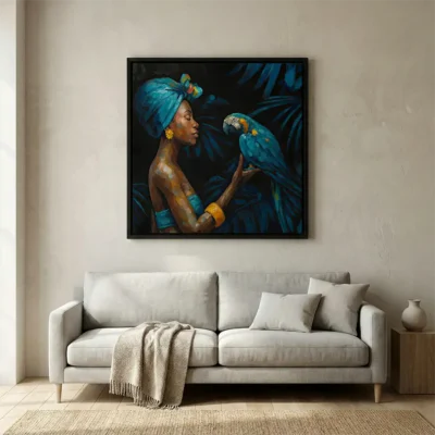 Tableau femme et perroquet