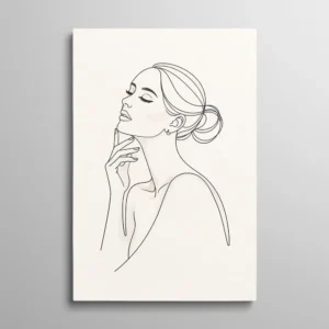 Tableau femme minimaliste portrait line art au trait noir sur fond beige, dessin épuré scandinave