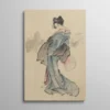 Tableau geisha traditionnelle en kimono bleu tenant un éventail, estampe japonaise ukiyo-e
