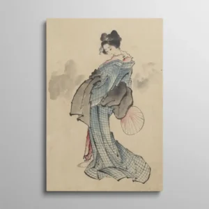Tableau geisha traditionnelle en kimono bleu tenant un éventail, estampe japonaise ukiyo-e