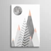 Tableau géométrique scandinave montagnes triangulaires grises avec lune et touches cuivrées, art nordique minimaliste