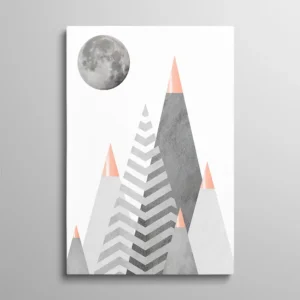 Tableau géométrique scandinave montagnes triangulaires grises avec lune et touches cuivrées, art nordique minimaliste