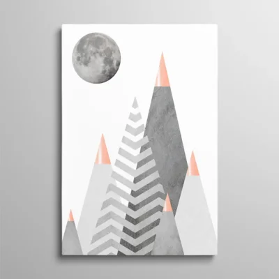 tableau geometrique scandinave Tableau géométrique scandinave montagnes triangulaires grises avec lune et touches cuivrées, art nordique minimaliste