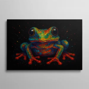 Tableau grenouille pop art multicolore aux grands yeux sur fond noir, art animalier moderne