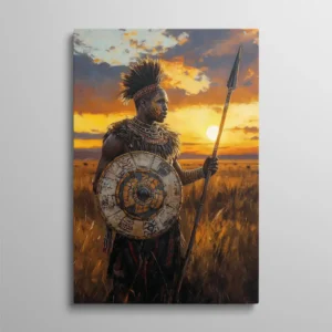 Tableau guerrier africain Maasai avec lance et bouclier dans la savane au coucher du soleil, art ethnique tribal