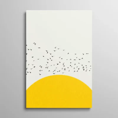 tableau jaune scandinave Tableau jaune scandinave soleil levant minimaliste avec vol d'oiseaux noirs, art nordique épuré