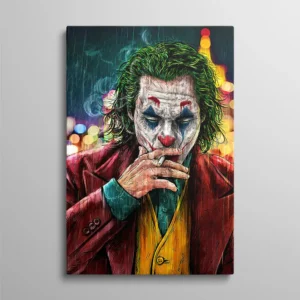 Tableau Joker pop art portrait coloré fumant sous la pluie avec lumières de ville, art cinéma DC Comics