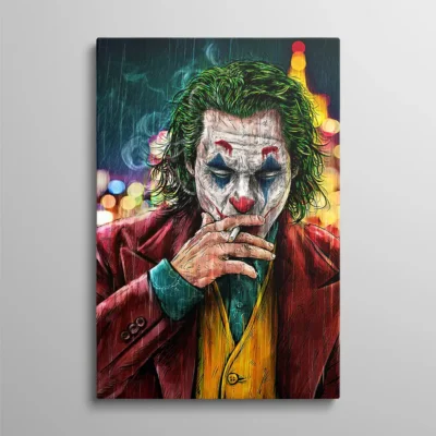 tableau joker pop art Tableau Joker pop art portrait coloré fumant sous la pluie avec lumières de ville, art cinéma DC Comics