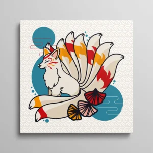 Tableau kitsune renard japonais à neuf queues blanc et orange sur motif vagues, illustration yokai traditionnel