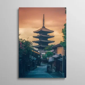 Tableau Kyoto pagode japonaise au coucher du soleil avec ruelle traditionnelle, paysage urbain nippon
