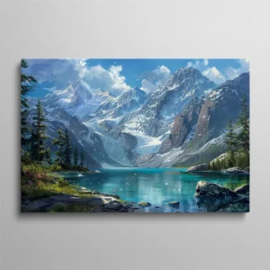 Tableau lac de montagne Moraine au Canada avec eau turquoise et sommets enneigés, paysage nature