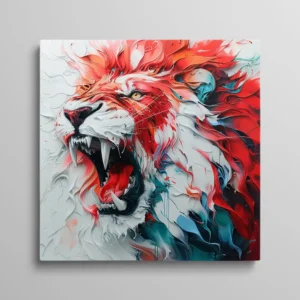 Tableau lion abstrait tête rugissante peinture relief rouge et blanc, art moderne sauvage
