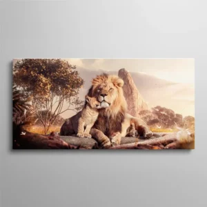 Tableau lion et lionceau moment de tendresse famille dans la savane, photographie animalière