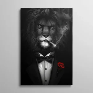 Tableau lion costume cravate fumant un cigare style gangster, art décalé lion gentleman