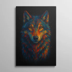 Tableau loup pop art portrait tête multicolore bleu et rouge, art animalier design