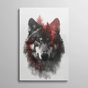 Tableau loup scandinave double exposition forêt et brume rouge, art animalier mystique