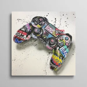 Tableau manette PS4 style graffiti street art avec tags colorés, ambiance gaming urbaine