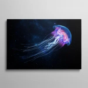 Tableau méduse phosphorescente bleue et rose dans l'espace cosmique, art animalier marin onirique