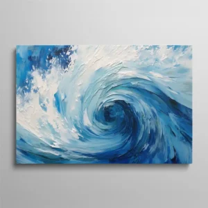Tableau mer abstrait vague tourbillon bleu et blanc peinture au couteau, art marin texture