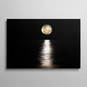 Tableau mer de nuit reflets de lune dorée sur l'eau sombre, paysage nocturne noir et blanc