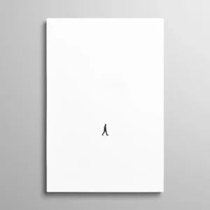 Tableau minimaliste blanc silhouette homme marchant seul au milieu du vide, art conceptuel solitude