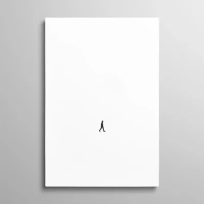 tableau minimaliste blanc Tableau minimaliste blanc silhouette homme marchant seul au milieu du vide, art conceptuel solitude