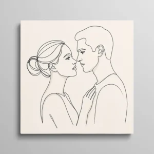 Tableau minimaliste couple line art visage homme et femme face à face, dessin trait continu romantique