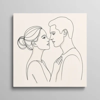 tableau minimaliste couple Tableau minimaliste couple line art visage homme et femme face à face, dessin trait continu romantique