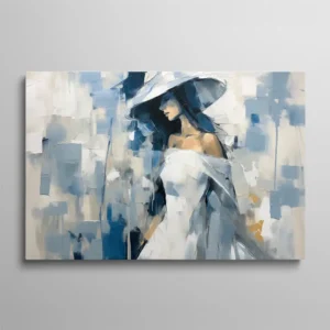 Tableau moderne chic peinture femme au chapeau flou artistique bleu blanc et gris, style élégant