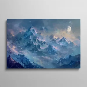 Tableau montagne et lune paysage fantastique nuit étoilée tons bleus et violets, ambiance onirique céleste