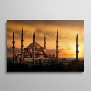 Tableau Mosquée Bleue Istanbul coucher de soleil silhouette minarets, architecture religieuse orientale