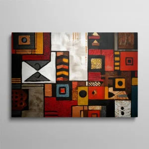 Tableau motif africain géométrique tribal couleurs terre rouge noir et ocre, art ethnique abstrait