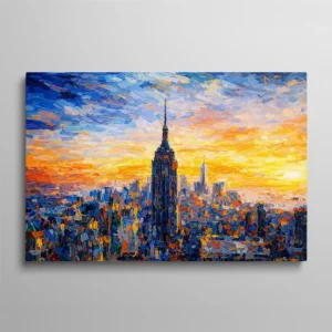 Tableau New York abstrait Empire State Building coucher de soleil style peinture couteau colorée, skyline urbaine