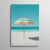 Tableau parasol plage turquoise et orange sur sable blanc mer calme, photographie vacances vintage