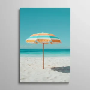 Tableau parasol plage turquoise et orange sur sable blanc mer calme, photographie vacances vintage