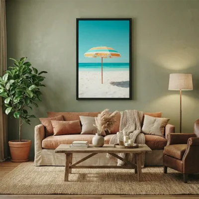 tableau parasol plage avec cadre flottant Tableau parasol plage