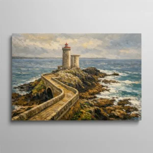 Tableau phare breton sur rochers mer agitée peinture marine classique, paysage océan Atlantique