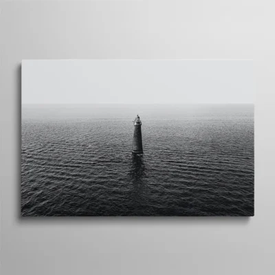 tableau phare en mer Tableau phare en mer isolé au milieu de l'eau calme noir et blanc, photographie solitude