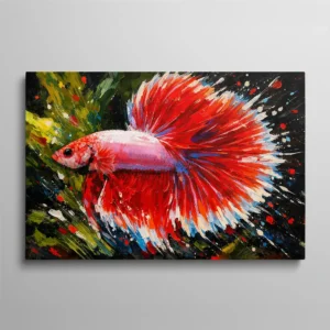 Tableau poisson combattant betta rouge peinture éclaboussures fond noir, art animalier dynamique