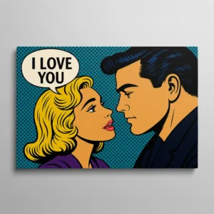 Tableau pop art couple baiser amoureux style comics vintage pois, tableau romantique rétro